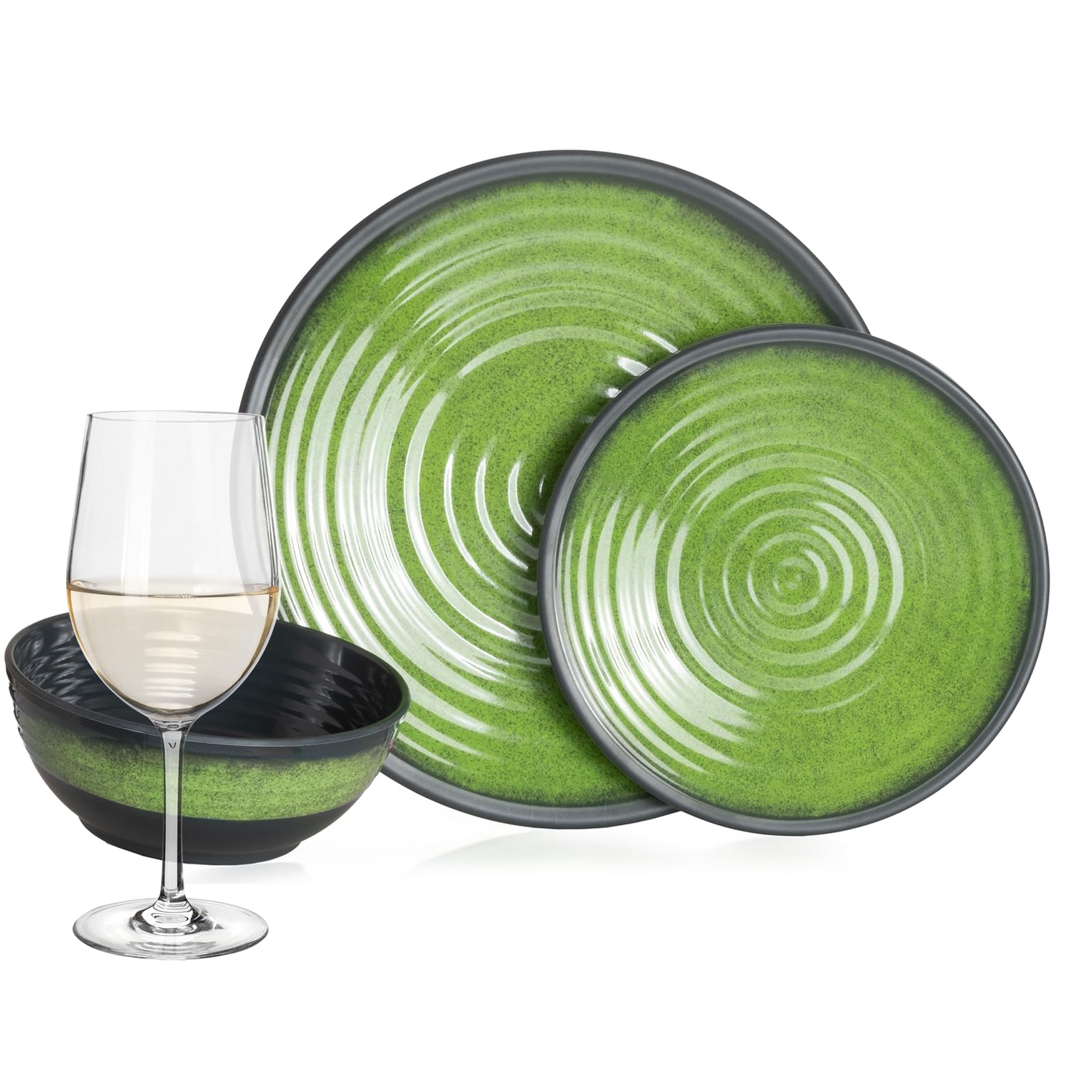 Vajilla de melamina para camping, 4 personas, color verde piedra + 4 copas de vino blanco Timo Vajilla Picnic BBQ Utensilios de cocina
