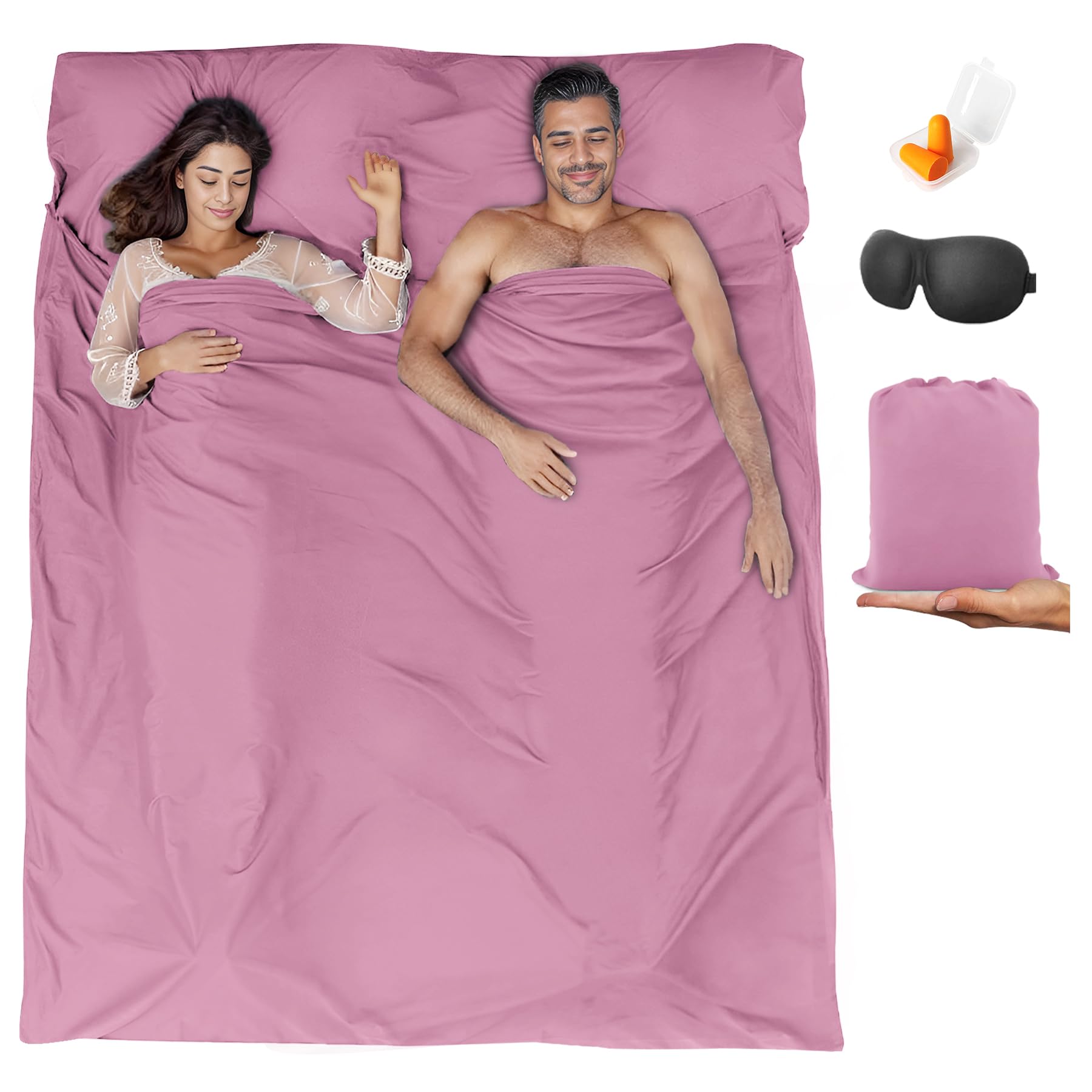 BREENHILL Double Sleeping Bag Liner,Camping Sheets & Travel Sheet, Hostels & Traveling Adult Sleep Sack for Backpacking, Hotels Lightweight Single & Double Camping Sleeping Bag Liners Pink