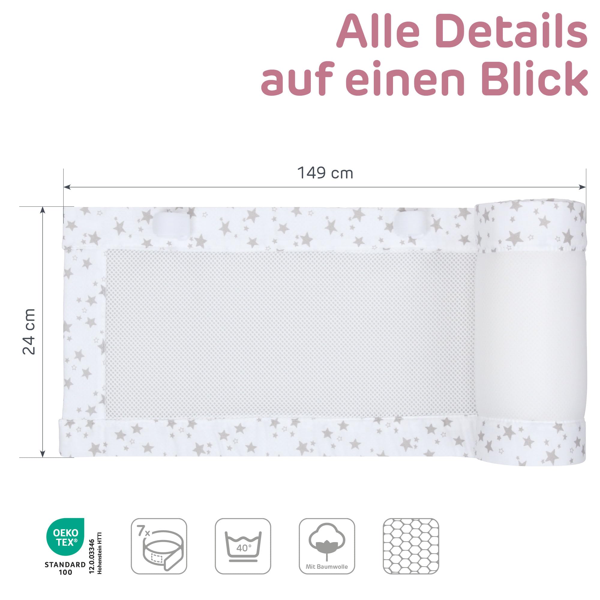 babybay Gniazdko 3D mesh piqué pasujące do modelu oryginalnego, białe gwiazdy, perłowo-szare