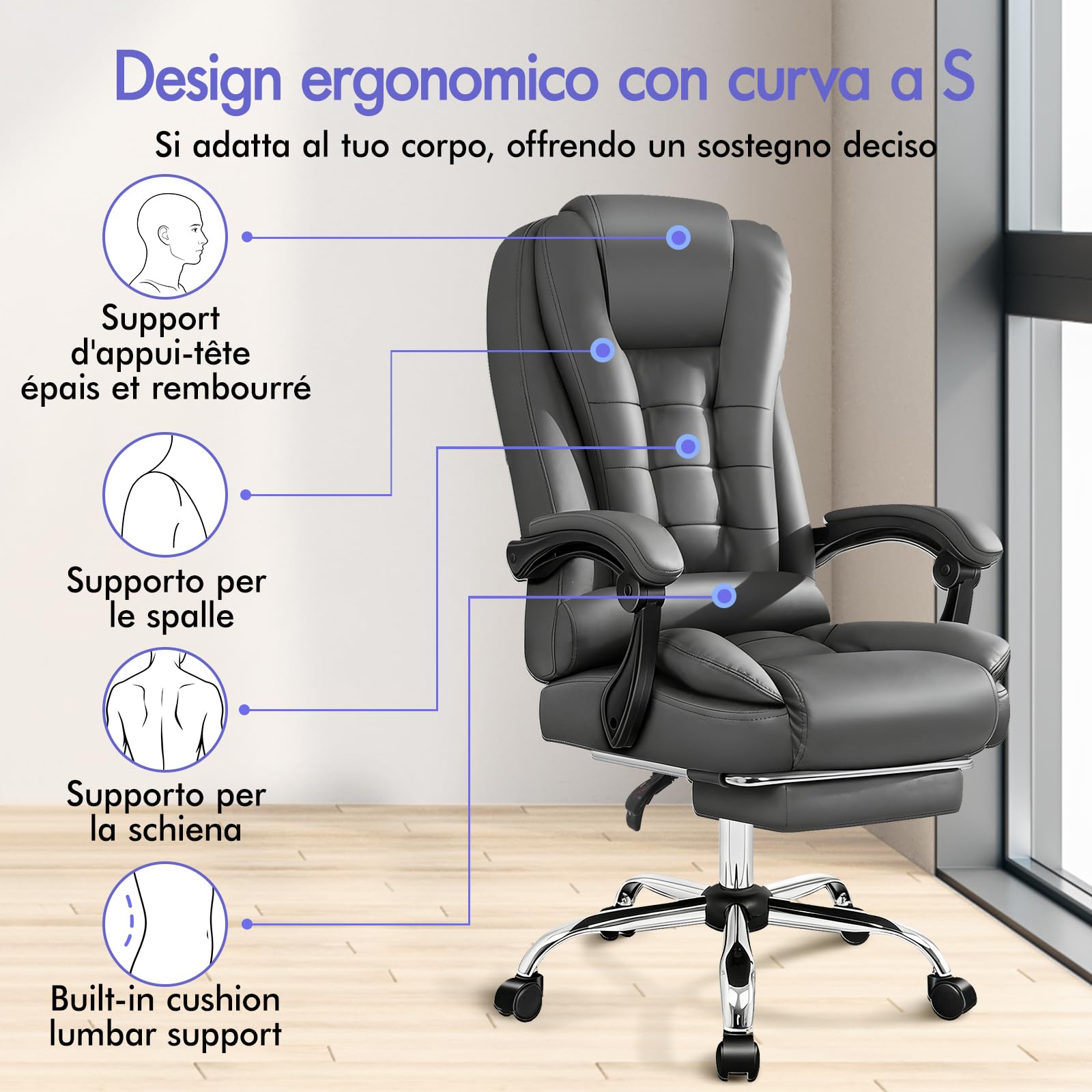 ALFORDSON Sedia Ufficio Ergonomica con Massaggio, Sedia Scrivania con Supporto Lombare e Poggiapiedi, Poltrona Girevole con Rotelle per Ufficio e Studio Sala Riunioni, Similpelle(Grigia)