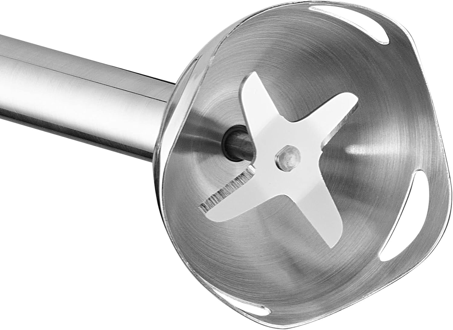 Close-up of the WMF Kult X Stick Blender's blade assembly, showing the 4-flute knife