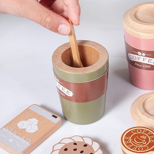 Miniatura 5 de Juego de café para niños, juguete Montessori de madera, accesorios de cocina con tazas de café, espresso y leche, juego de café para niños y niñas,