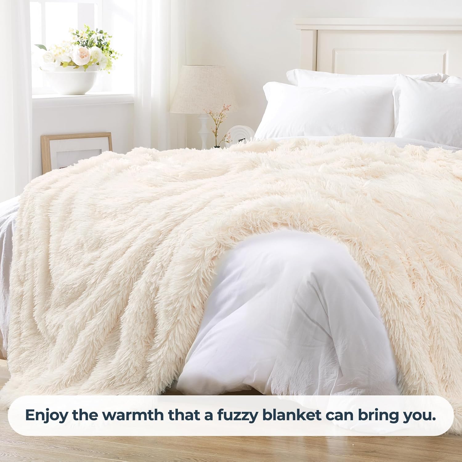 XYYZYZ Super Fluffy Throw Blanket, Faux Fur Fuzzy Blanket for Couch Sofa Bed, 50x60 Inches, Cream White - Image 2