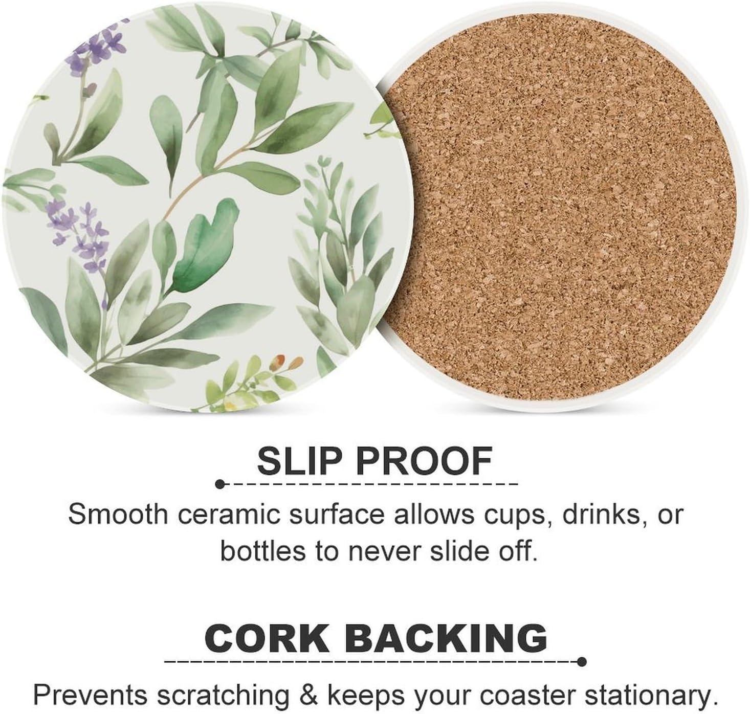 Green Flower Watercolor Herb Sage Leaves And Branches1 Coaster with Cork Base Drink Coasters for Coffee Table Decor Modern Cup Coasters with Non-Slip & Heat-Resistant Cute Ceramic Table Coaster for Ho