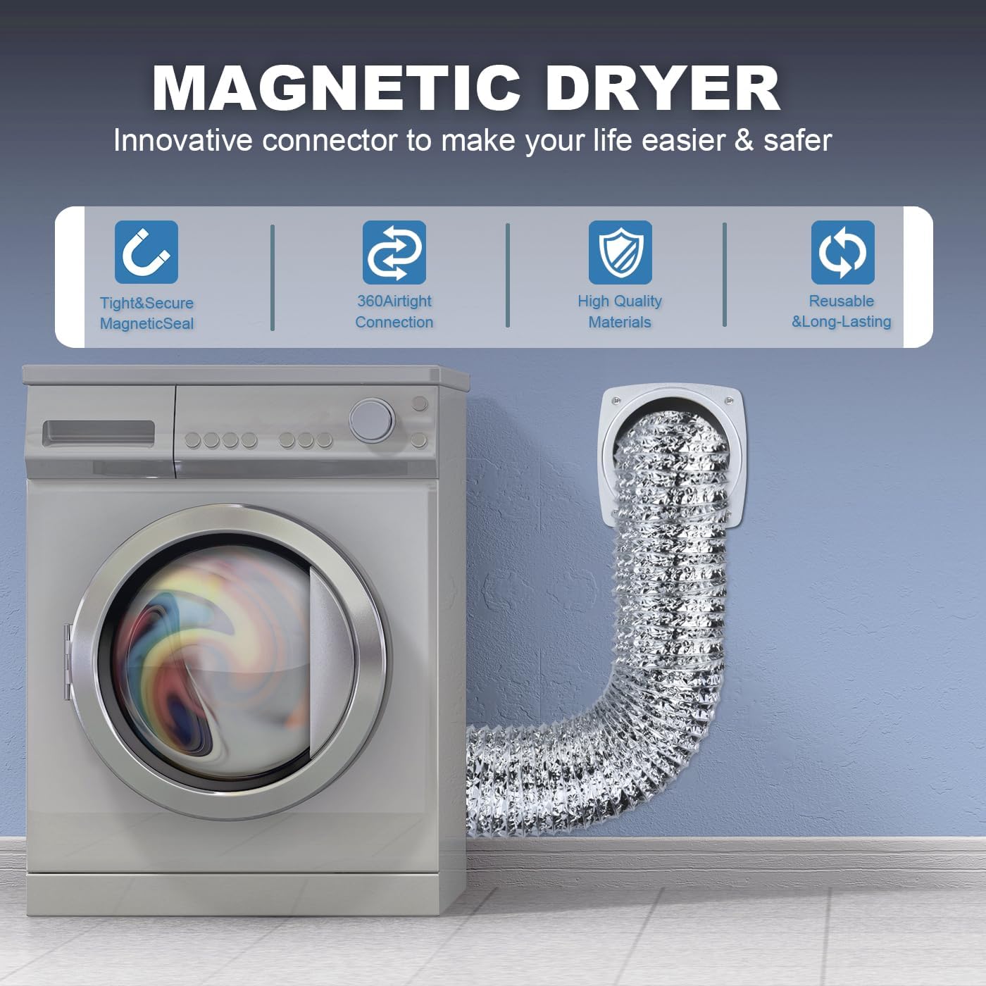 DV-180 Magnetic Dryer Vent Coupling Connector Kit,Easy to Clean Dryer Vent Hose,Quick Connection and Disconnection,Includes a 3.1ft 4" Duct and Clamps