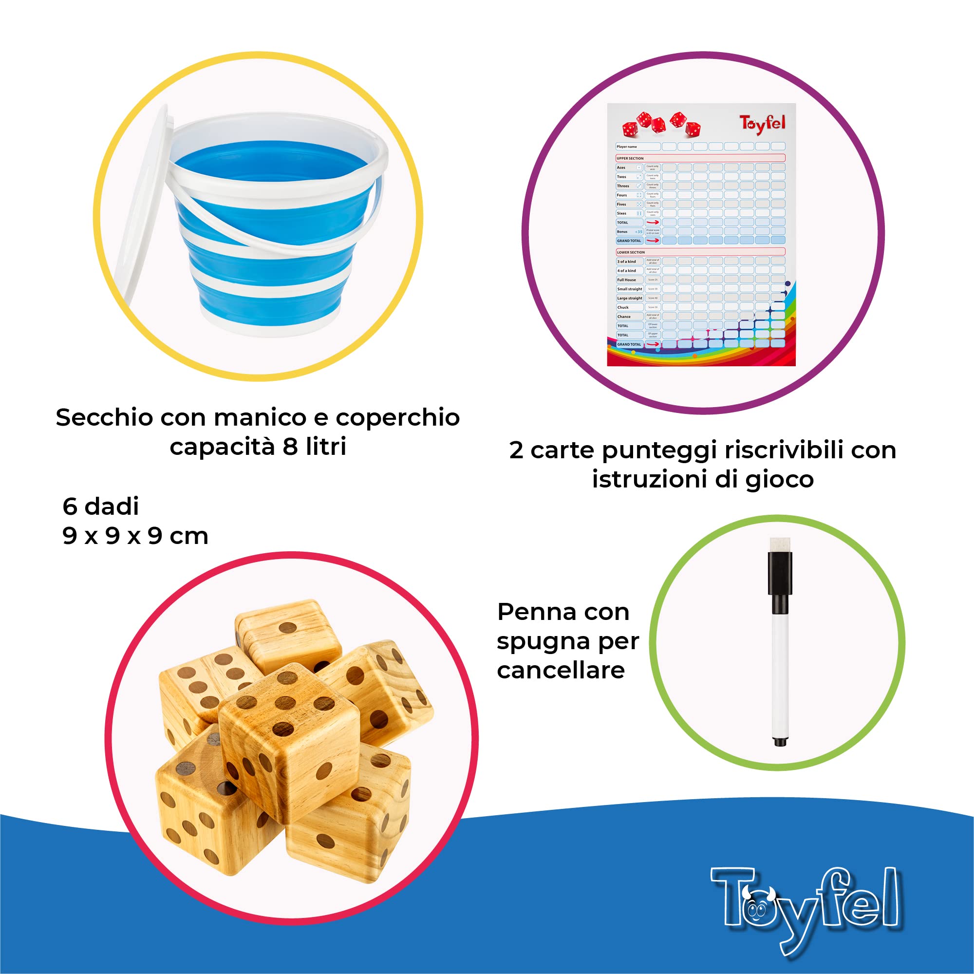 Toyfel Gioco di Dadi XXL in Legno di Pino FSC® per Bambini e Adulti | 9cm indoor e outdoor 6 giganti con scatola di trasporto incl. tabellone e matita grandezza giardino interno famiglia Chuck