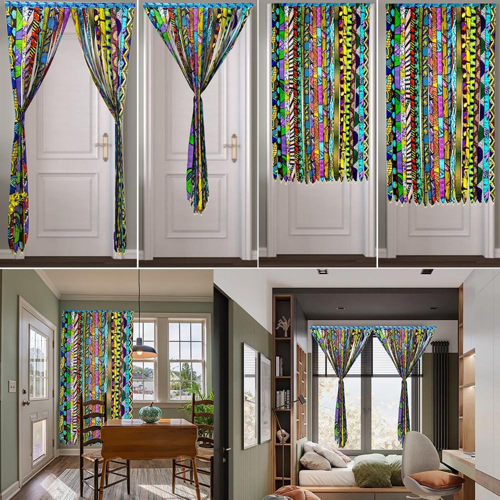 BintaRealWax African Ankara Kente Multicolor Ribbon Doorway Curtain Hippie Bohemian Style Room Divider Customizable Size Vintage Print Pattern Curtain Living Room Bedroom 75 x 39 inches