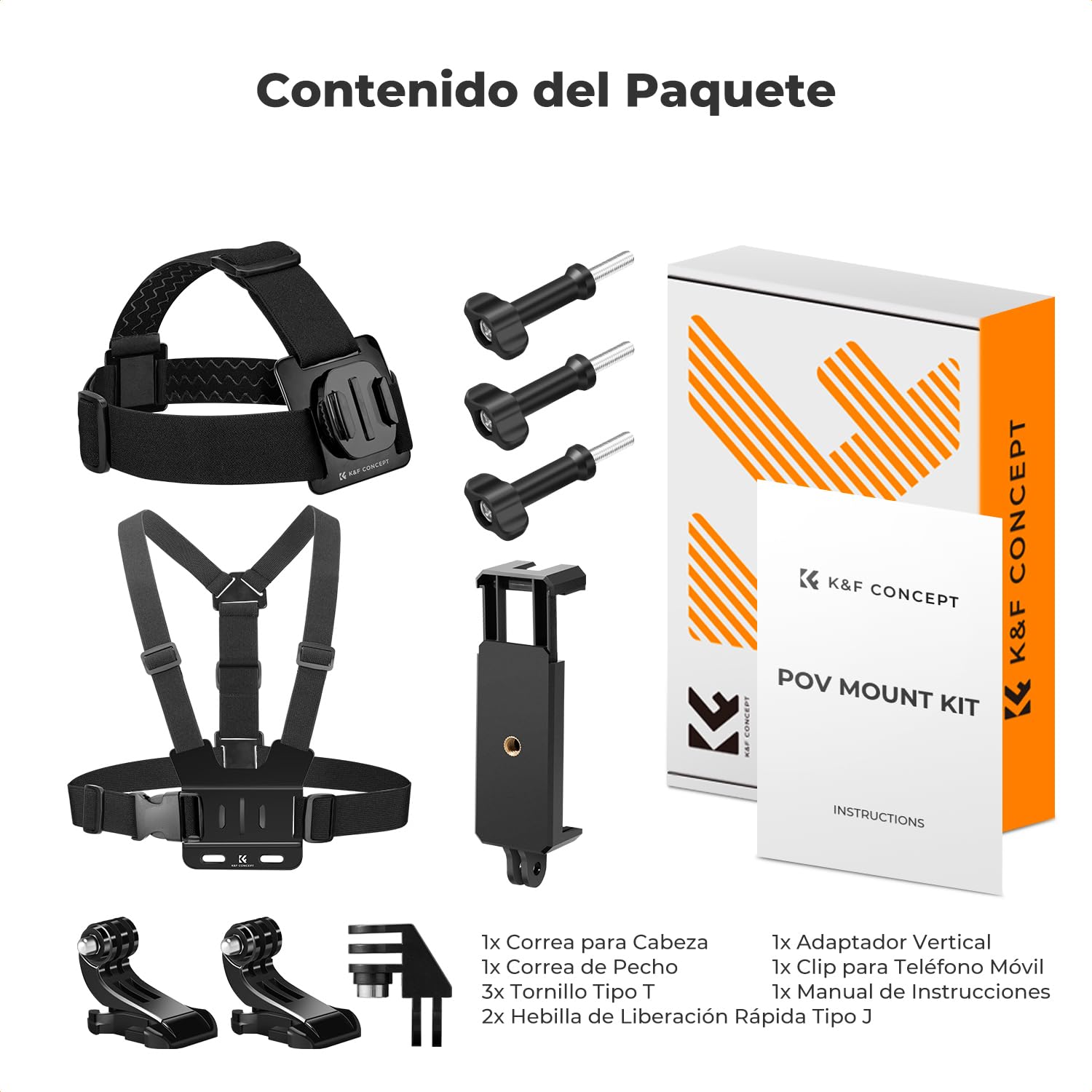 K&F CONCEPT Kit de Accesorios para Cámara de Acción Compatible con GoPro Hero 13 12 11 10 9 Insta360 dji Osmo 360 Action Teléfono Movil, Incluye Arnes Pecho, Correa de Cabeza, Clip de Teléfono Movil