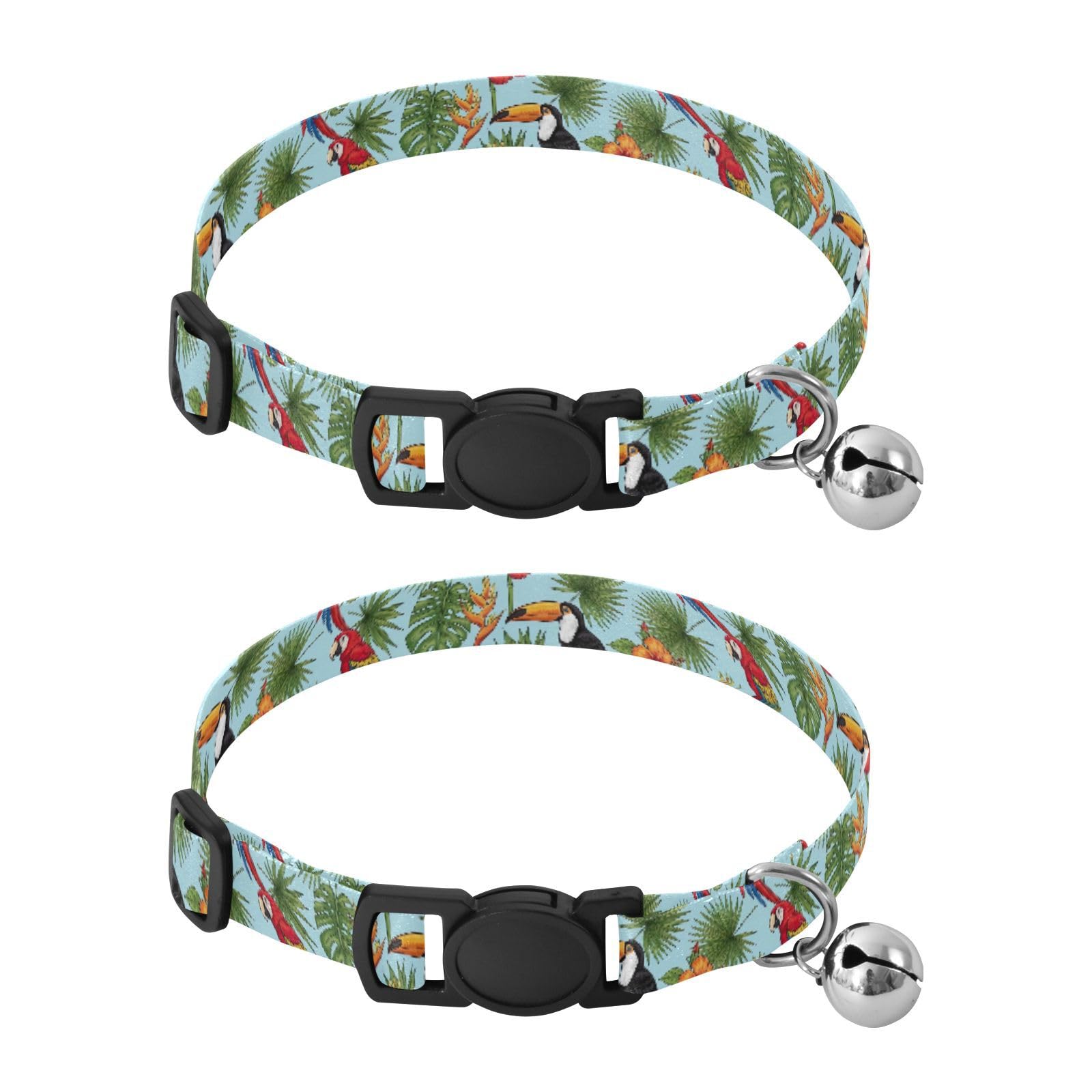Tropical Jungle Birds Palm Leaves Cats Collar 2 Pack Comfortable Cat Collar Adjustable Length 10.6" to 17.1"
