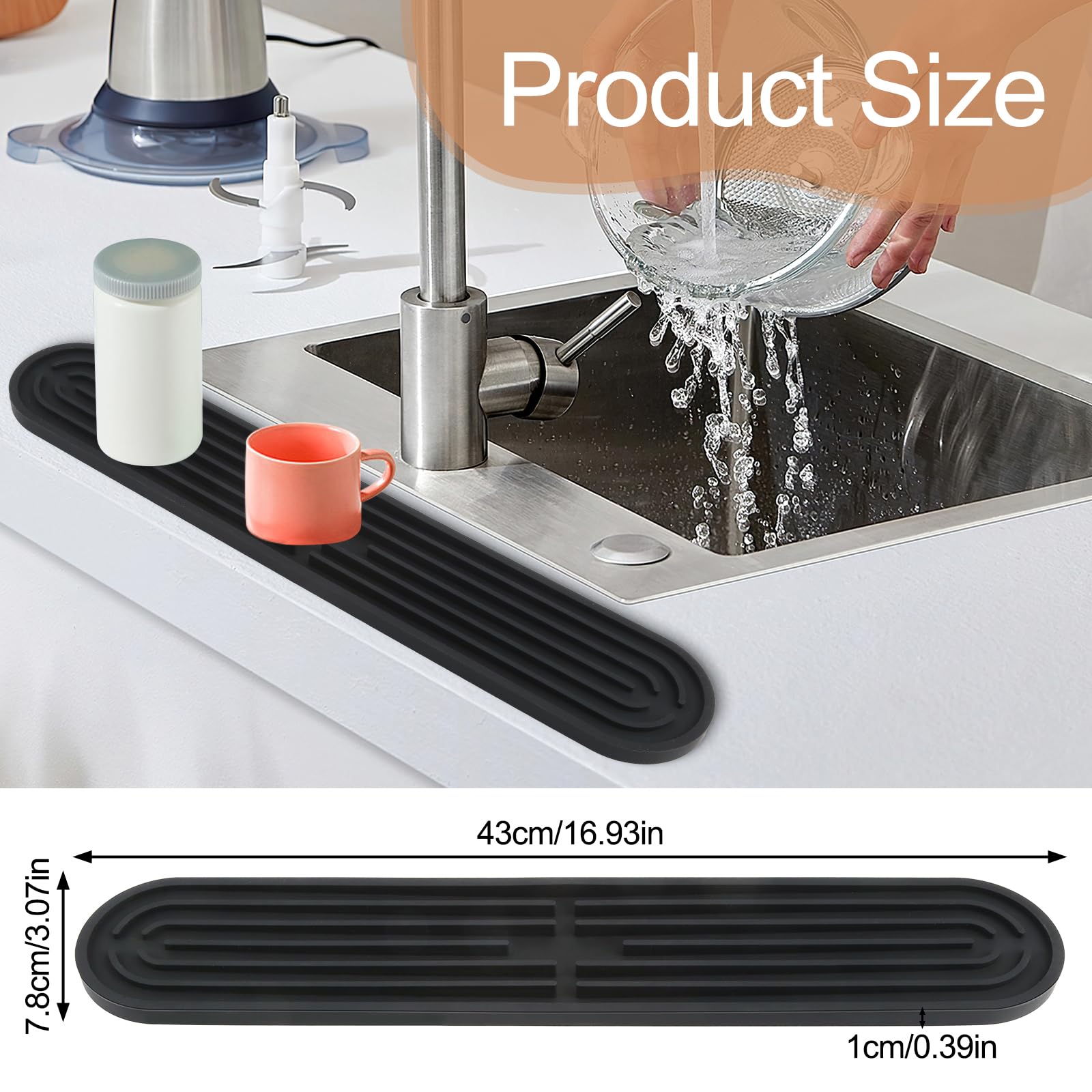 JIANGZHIB Narrow Bar Mat, Black Dish Drying Mat, Extended Dish Drying Mat, Silicone Tableware, 43 x 7.8 cm - Image 2