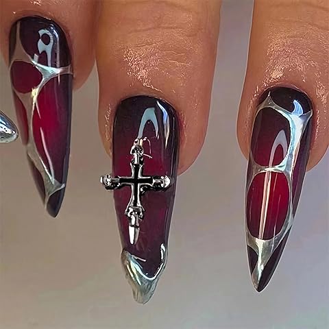 BABALAL Stiletto Press on Nails Long Fake Nails Black Red Glue on Nails Almond Acrylic Nails with Goth Design Stick on Nails for Women and Girls 24Pcs