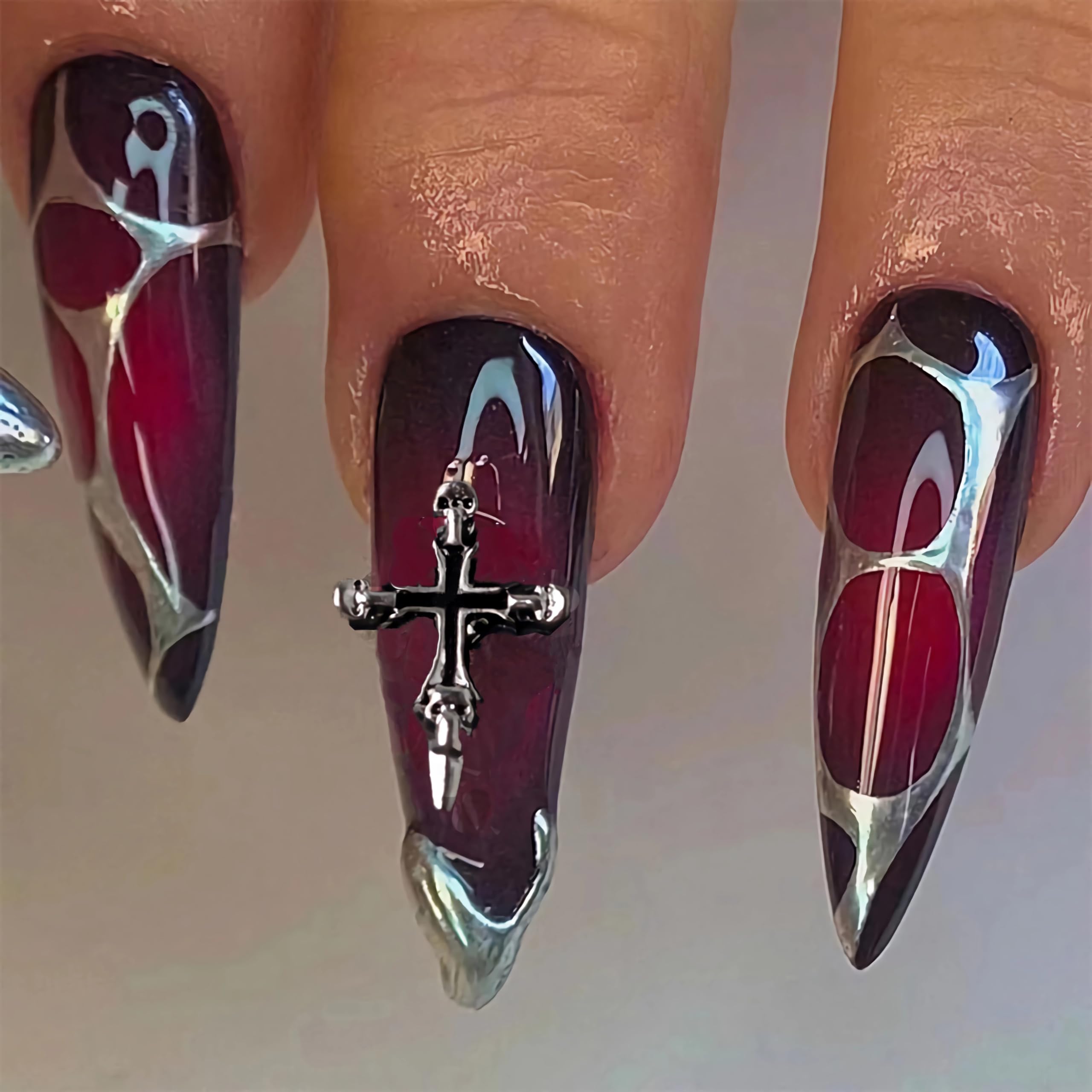 BABALAL Stiletto Press on Nails Long Fake Nails Black Red Glue on Nails Almond Acrylic Nails with Goth Design Stick on Nails for Women and Girls 24Pcs