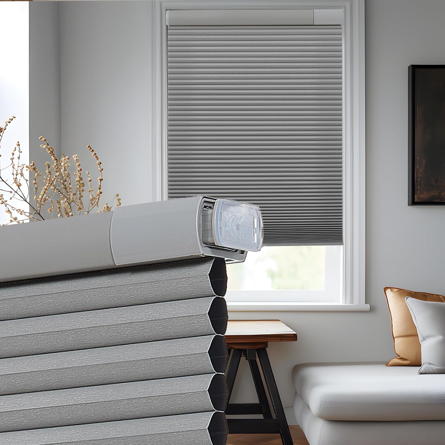 Upgrade No Drill No Tools Cellular Shades for Indoor Windows 38mm Honeycomb Blinds Cordless Free Stop Blinds for Windows Grey Blackout 22" WX64 H 22"WX64"H Grey-blackout