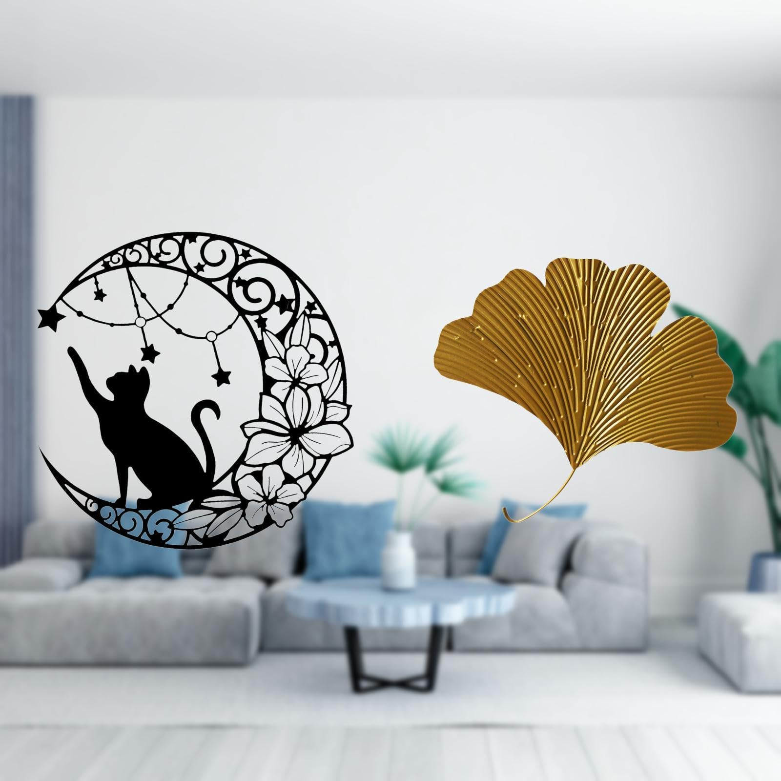 Wrought Iron Black Cat Wall Decor Metal Ginkgo Leaves Wall Art Abstract Wall Sculpture for Living Room Office Hotel Cat Lover Gifts-image-27