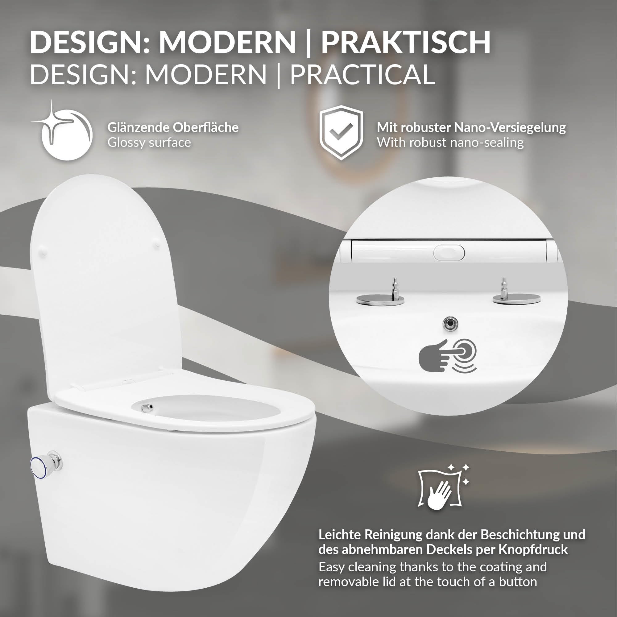 LuxeBath WC Suspendido con Función Bidé Blanco Brillante de Cerámica sin Borde, Inodoro Colgante Corto 49 cm con Nanorecubrimiento Descarga Profunda de Tornado para Baño, Wáter con Asiento Extraíble