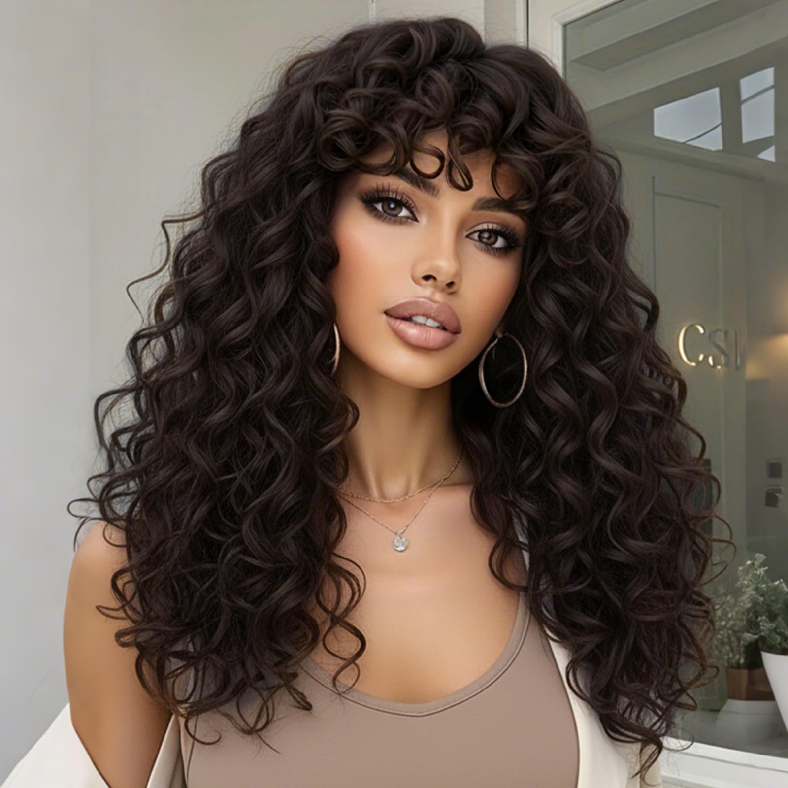 AISI HAIR Curly Wigs for Black Women Dark Brown Wig with Bangs，Glueless Bangs Wigs for Women Long Kinky Curly Wig 22 inch for Daily Use