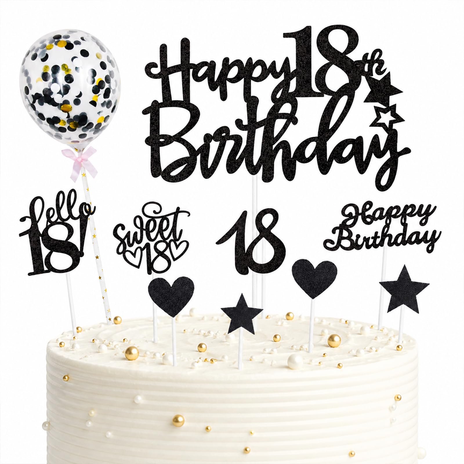 ALLAVA 10 Pcs Happy 18th Birthday Cake Topper Set, Glitter Sweet 18 Cake Decorations with Stars Hearts, Black 18th Birthday Cupcake Toppers for Boys Girls Teen Party Anniversary Cake Supplies