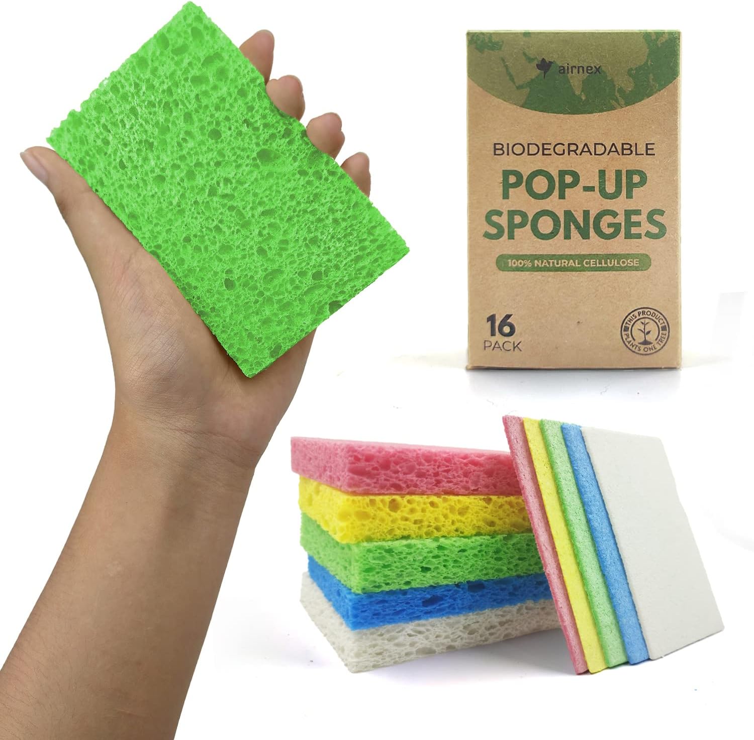 AIRNEX Compressed Cellulose Sponges - 16 Pack Natural Pop Up Dish Sponge for Kitchen - Compostable Plant-Based Cleaning Sponges Bulk – Non Scratch Natural Sponge for Dishes & Household Cleaning