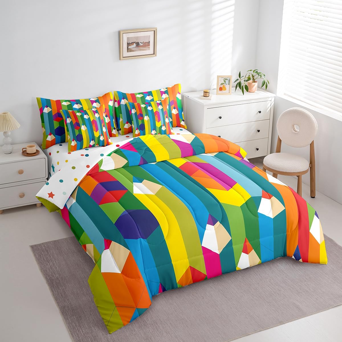 Erosebridal Crayon Twin Comforter Set - 7 Pieces Drawing Pen Rainbow Bedding Sets Twin Bed in a Bag with Reversible Watercolor Aesthetic School Supplies Comforter,Sheets,Pillowcases & Shams