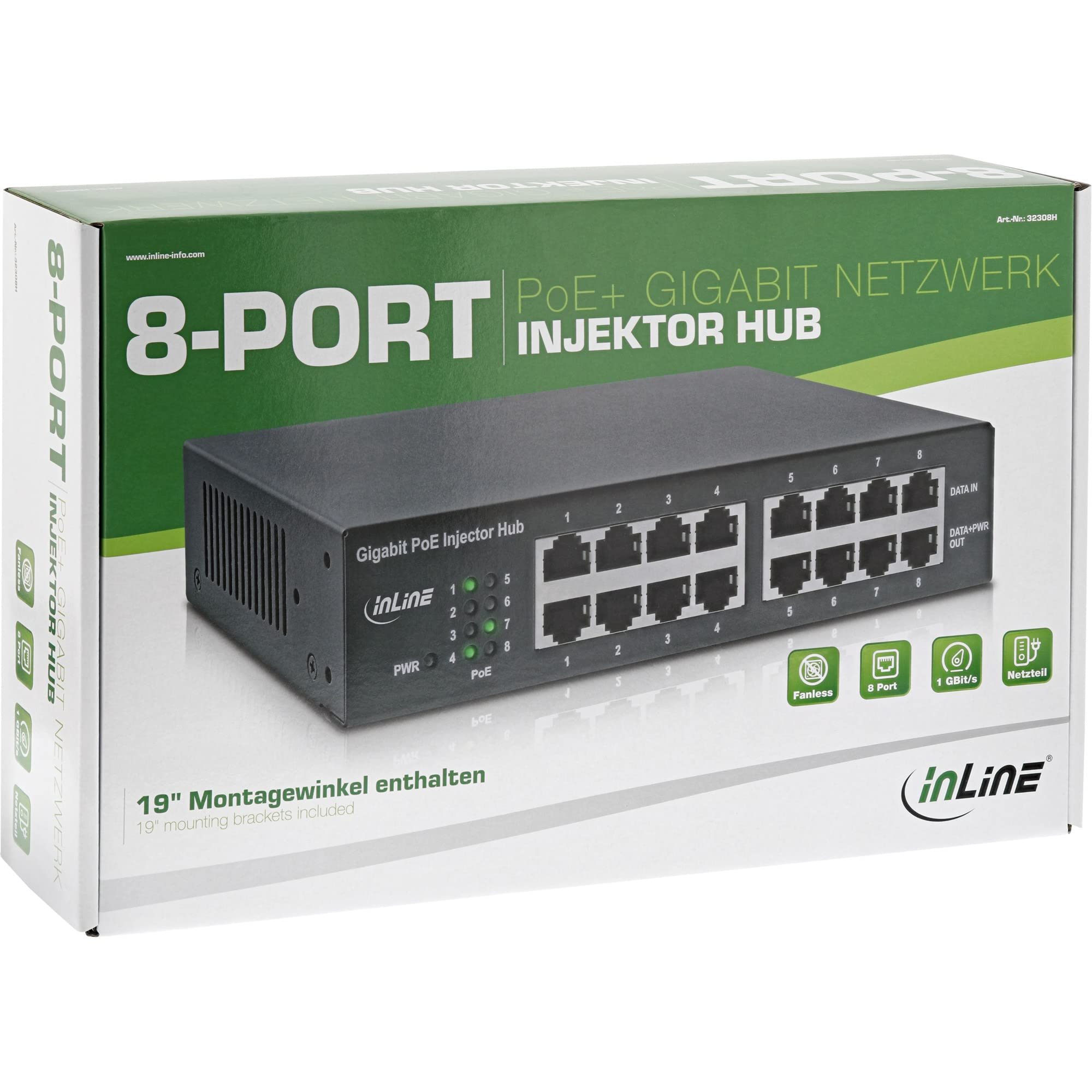 InLine 32308H PoE+ Gigabit Netzwerk Injektor Hub 8 Port (8x PoE+), 1GBit/s, 19" (Winkel enthalten), Metall, lüfterlos