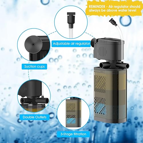 Miniatura 4 de Filtro sumergible para acuario de 3 etapas para pecera, filtro de tortuga con aireación y salida de agua doble, bomba de filtro de tanque de tortuga