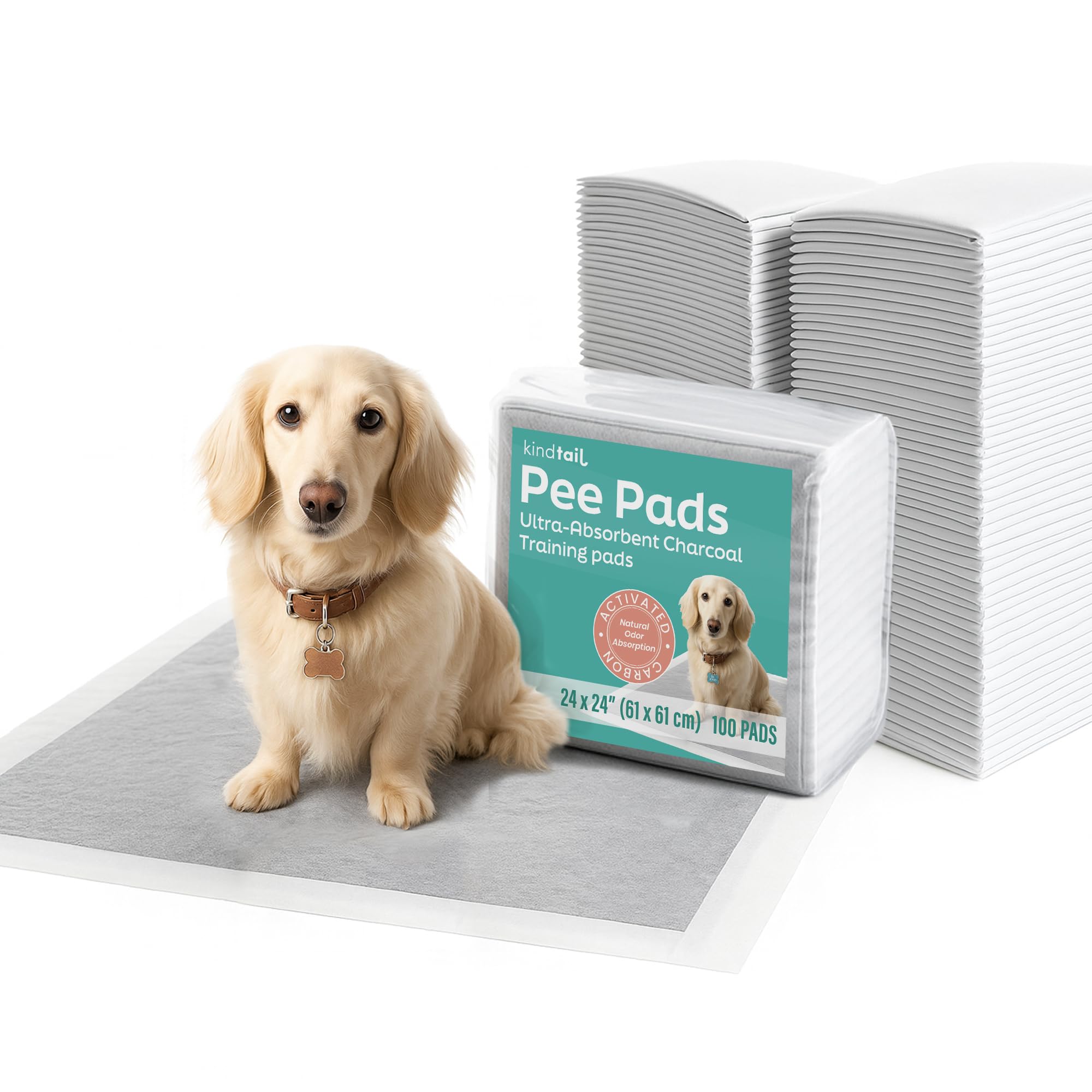 KindTail Almohadillas de entrenamiento para perros de 24 x 24 pulgadas, a prueba de fugas y absorbentes con respaldo adhesivo, almohadillas de carbón desechables y filtrantes de olores para