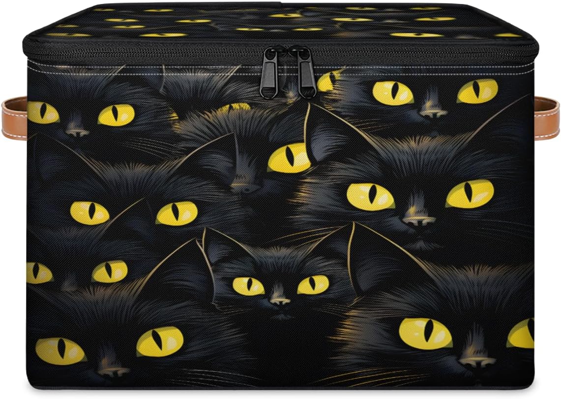 Storage Bin Set of 2 Black Cat Eyes Storage Basket with Zipper Lid & Handle Foldable Closet Shelf 2 Pack Cloth Organizer Basket Cube Bins Clothes Organizer for Bedroom, Nursery