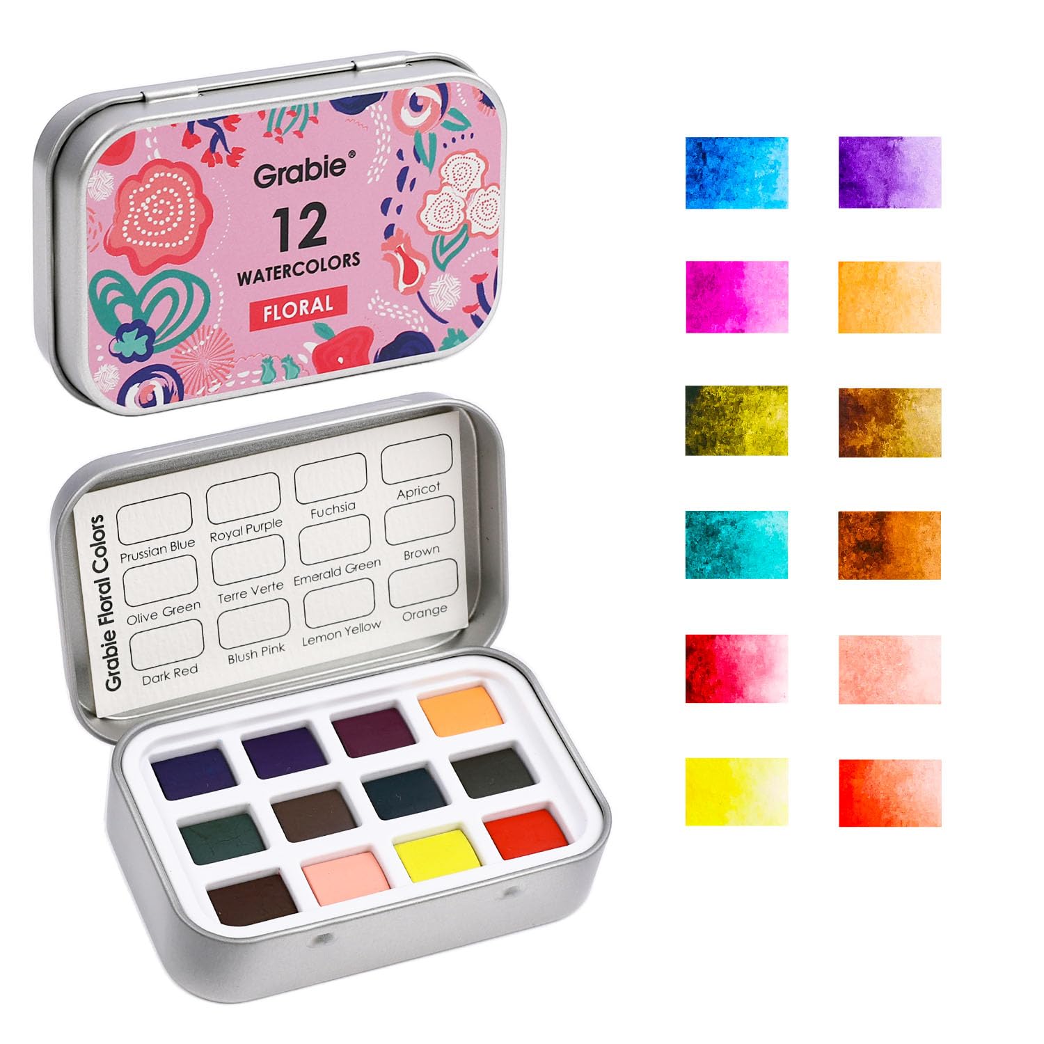 Grabie 12 Color Travel Watercolor Paint Set, Pocket Palette, Floral