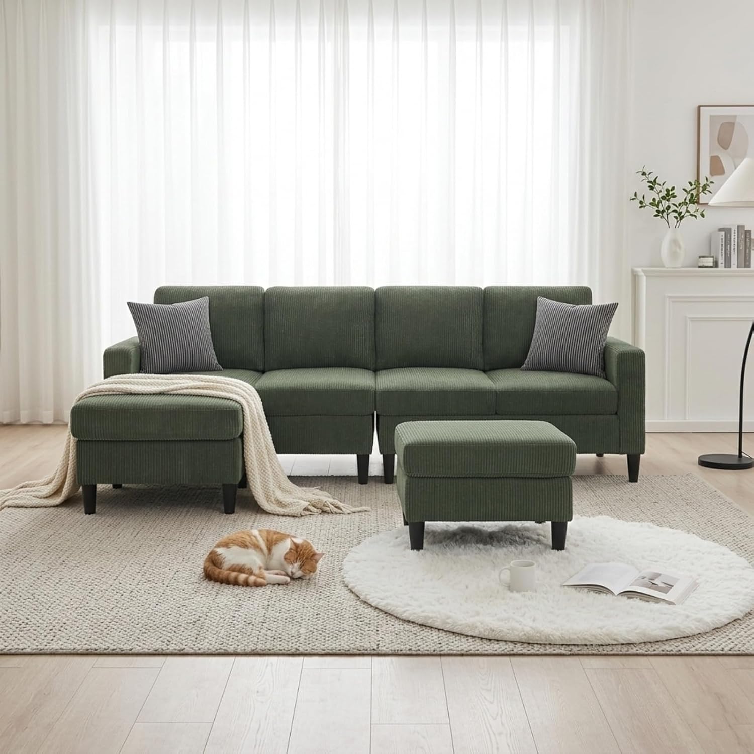 101" L-Shape Modular Sectional Couch, Convertible Corduroy Couch with 2 Ottomans, Modern 4 Seater Upholstered Modular Sectional Sofa for Apartment, Living Room, Dark Gray