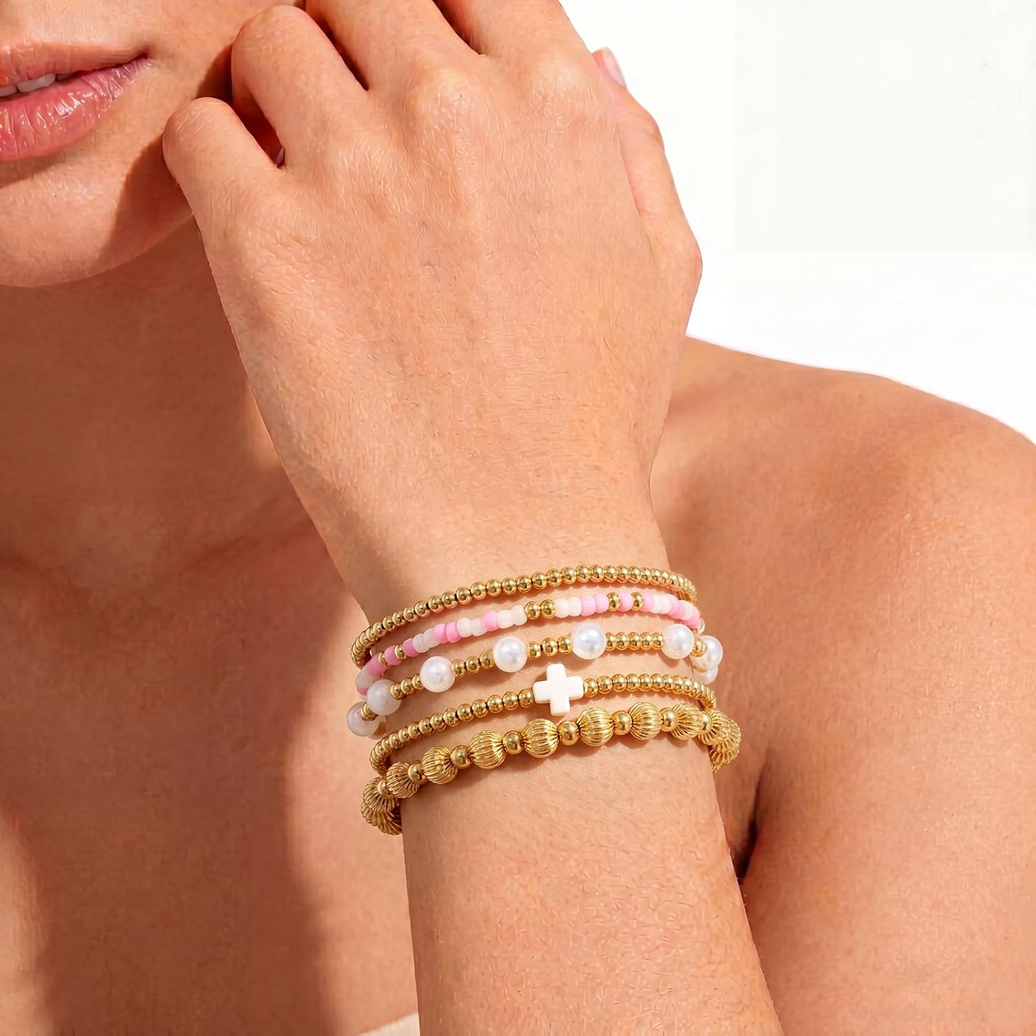 Dainty Gold Plated Pearl Crystal Beaded Bracelets Set for Women 14K Gold Plated Bead Pearl Beads Bracelet Stackable Paperclip Link Chain Bracelets Gold Plated Bracelets for Women Trendy Jewelry image 3