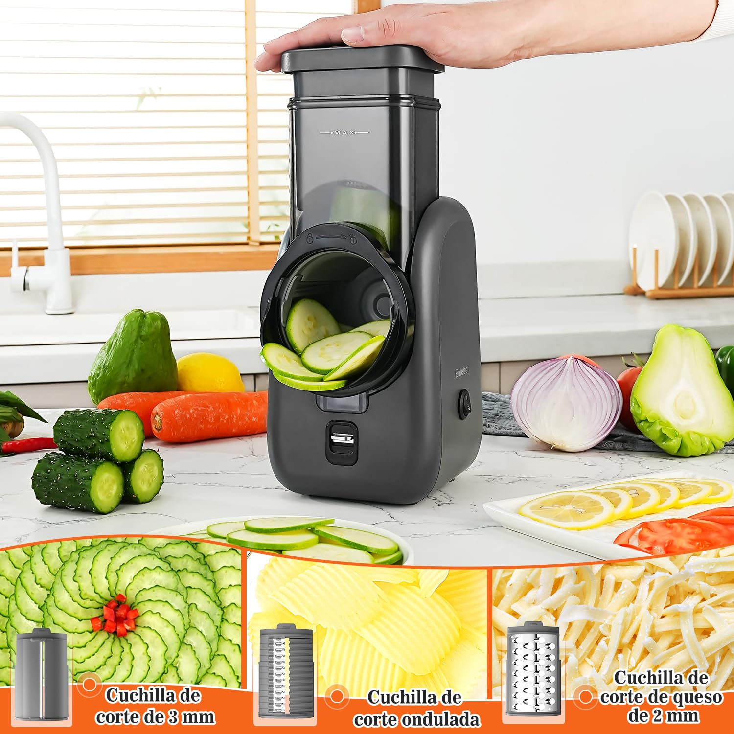 Rallador Eléctrico de Queso, Verduras y Fruta, Cortador Eléctrico, para Zanahorias, Pepino, Manzanas, Nueces Gris-Negro