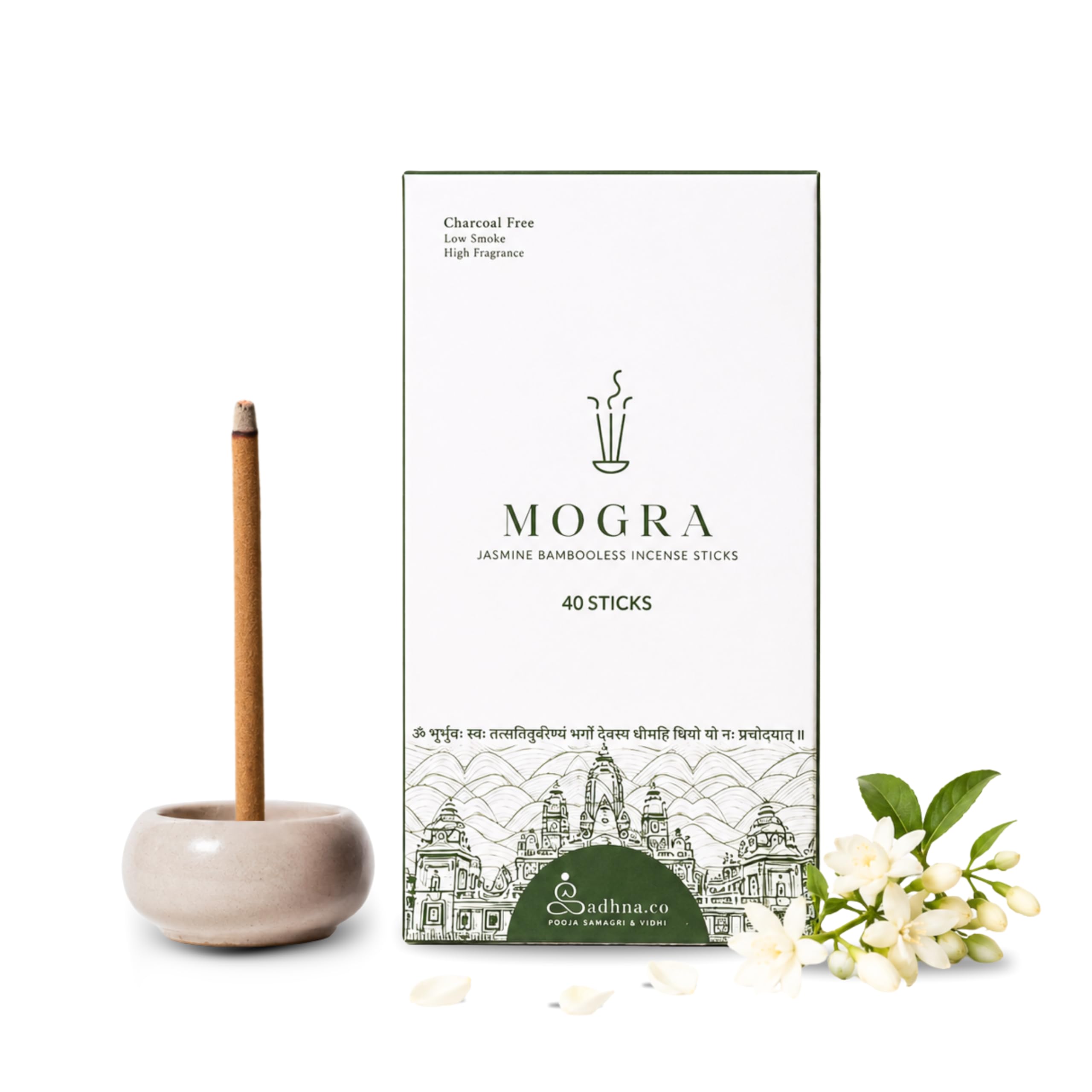 Sadhna.co Mogra Bambooless Incense Sticks – Natural, Chemical-Free Agarbatti for Pooja, Meditation & Relaxation with Long-Lasting Fragrance (40 Sticks)