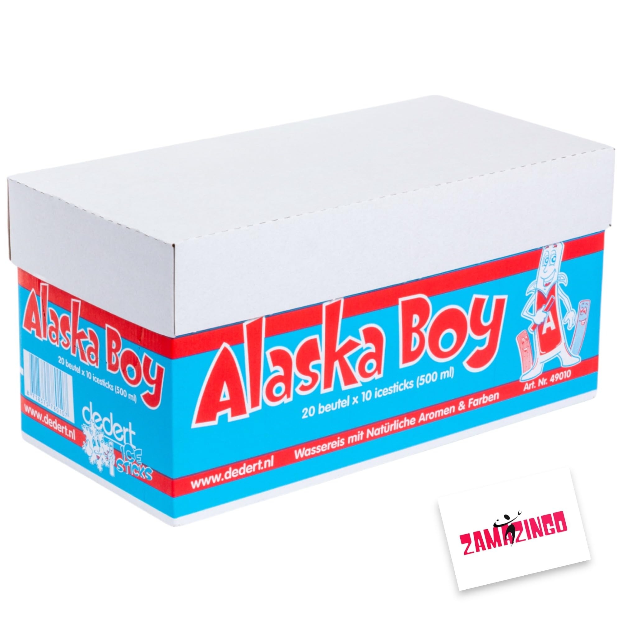 Alaska Boy Wassereis | VEGAN | 10 x 50ml (20er Karton Pack) | Stangeneis für den Sommer, Eis zum Lutschen & genießen + Zama4Zingo Karte