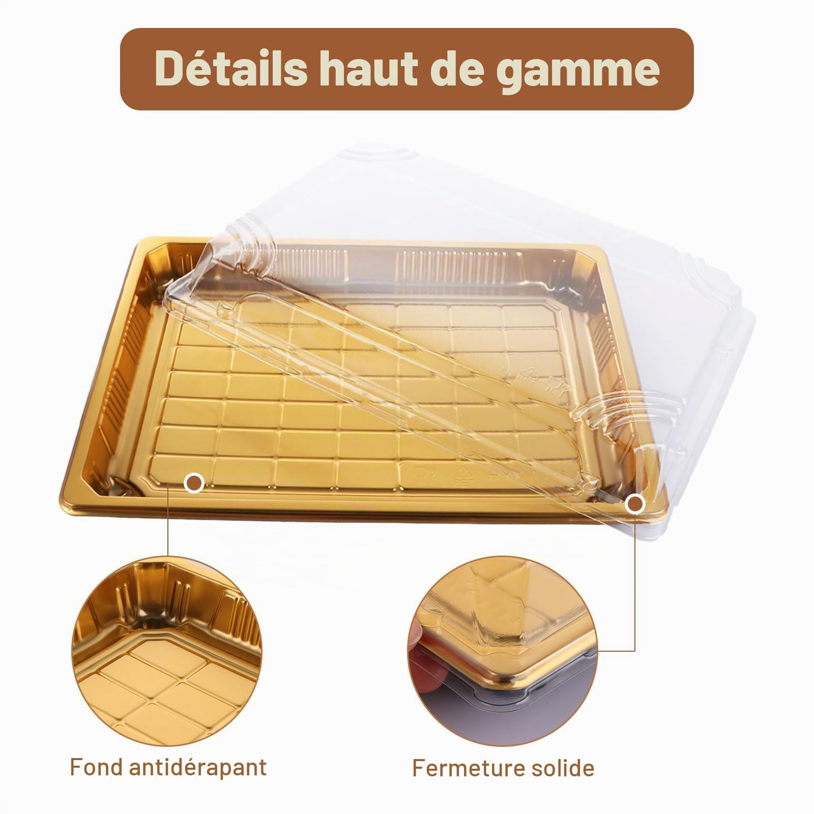 DAJAVE Lot de 25 plateaux à sandwich réutilisables avec couvercles - Petits plateaux dorés pour friandises sucrées, aliments de fête (25,5 x 18,5 x