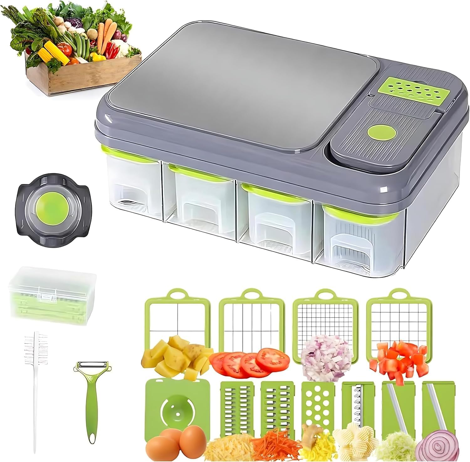 Multifunctional Vegetable Chopper & Prep Station Stainless Steel Dicer, Mandoline Slicer & Food Storage Containers