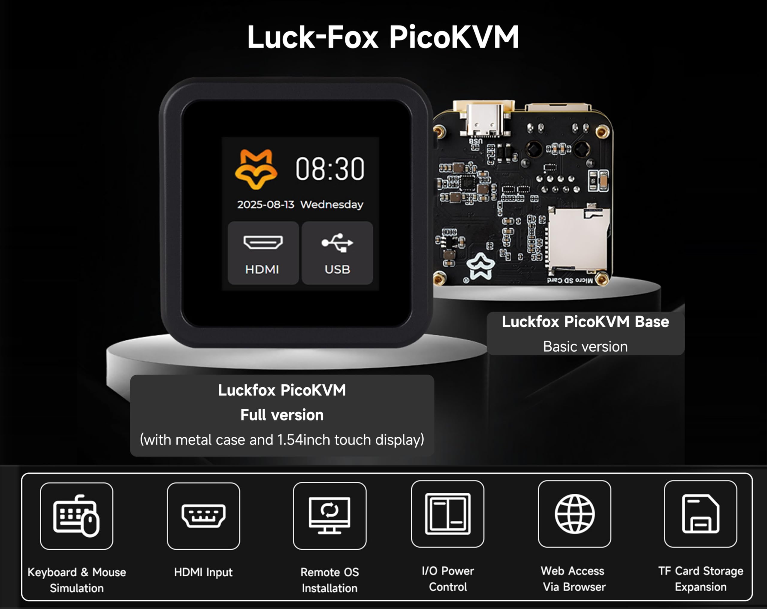 Luckfox PicoKVM, Compact IP KVM Remote Management Tool with 1920×1080@60fps HDMI Input, HID Output, 1.54" Touch Display & Case for Efficient Device Control,Onboard USB Port, TF Card Slot, ETH