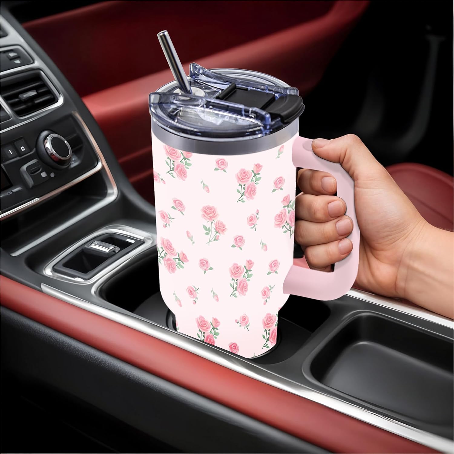 40 Oz Rose Tumbler Gifts for Women, Pink Rose Flower Water Bottle with Handle and Straw, Stainless Steel Coffee Travel Mug Cup, Christmas Birthday Gifts for Her, Daughter, Friends - Image 2