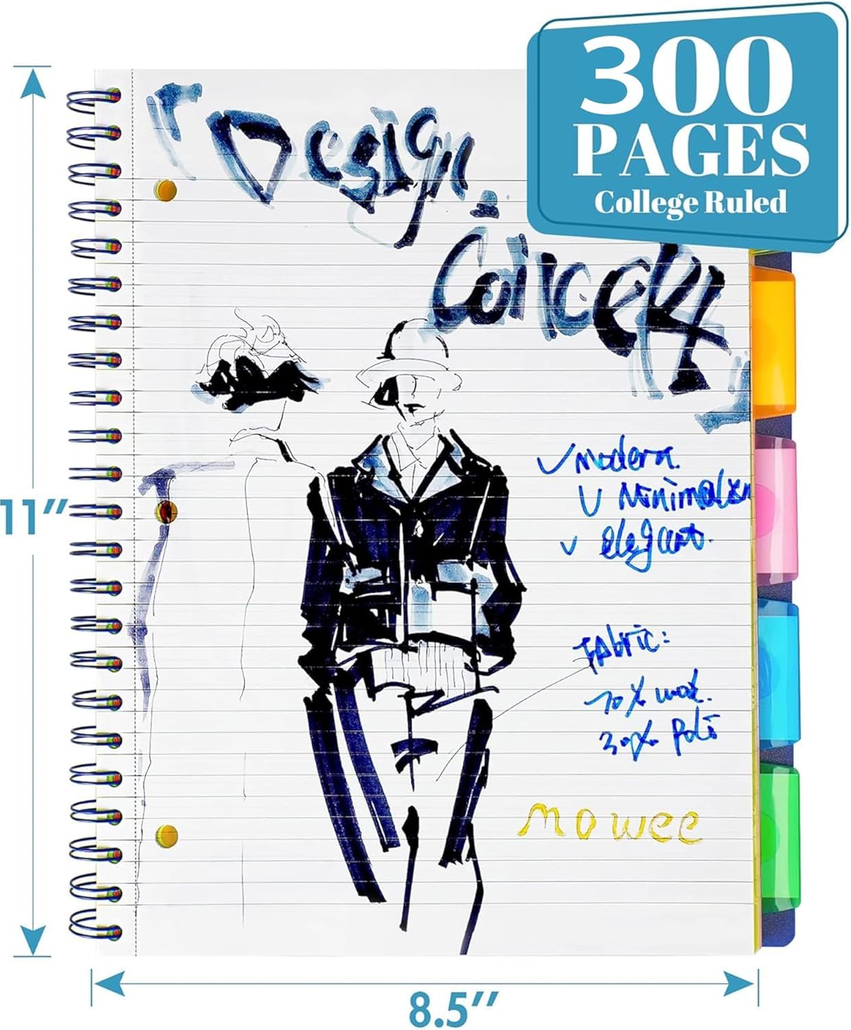 Carnet à 5 sujets – Carnet à spirales, carnet ligné avec poche de séparateurs, onglets, règle de 27,9 cm, 300 pages, pour journal d'écriture, maison et bureau, fournitures scolaires (21,6 x 27,9