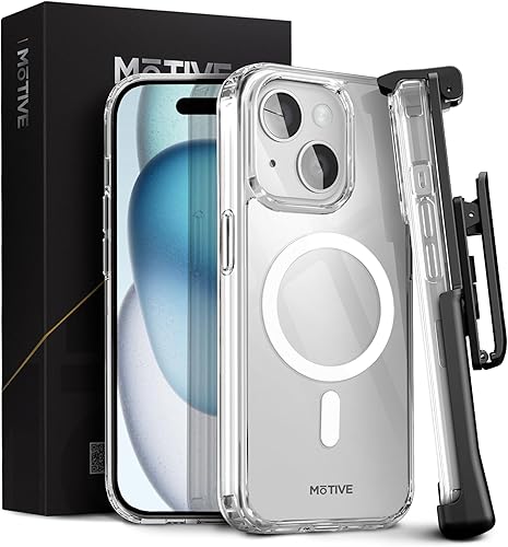 MOTIVE Funda magnética transparente para iPhone 15 con clip para cinturón, (diseñada para Magsafe), protección militar contra caídas, funda delgada