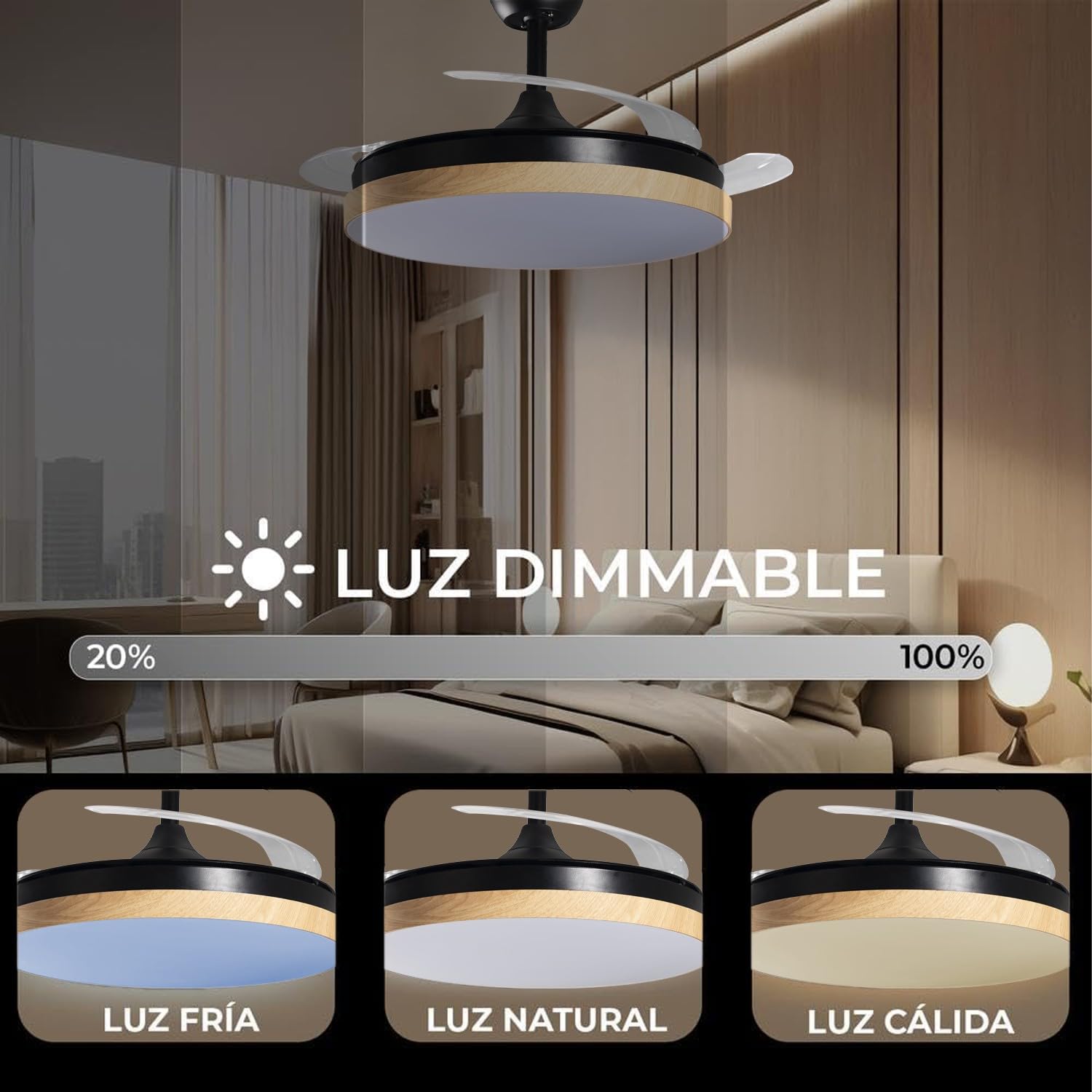 DRW Lampara Ventilador de Techo Negro y Madera con aspas retractiles 3 Colores de Luces y Mando a Distancia Ø106x36-53 cm