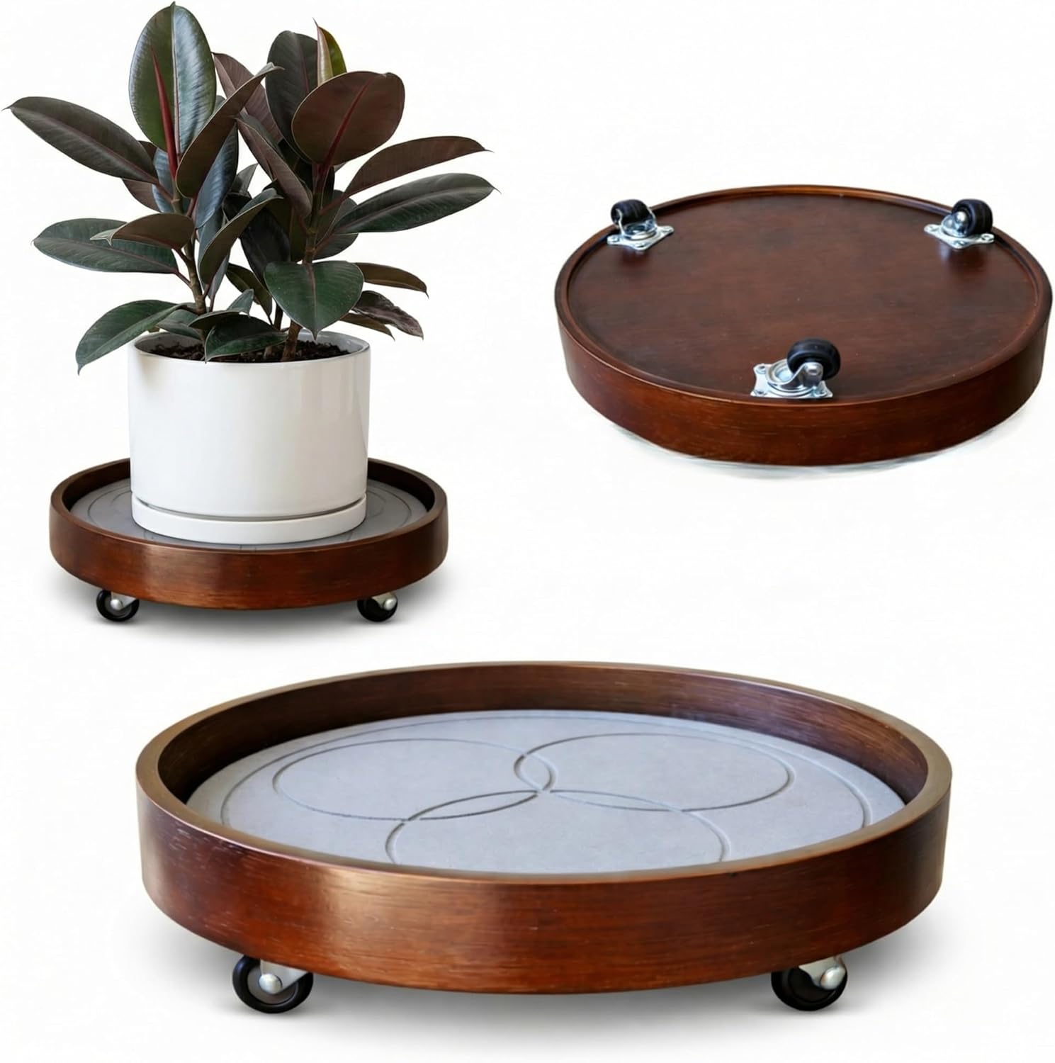 Plant Caddy with Wheels Indoor – Bamboo Rolling 12" inch Plant Stand with Absorbent Stone, No Water Stains, 360° Wheels, Floor Protection Plant Tray for Heavy Pots