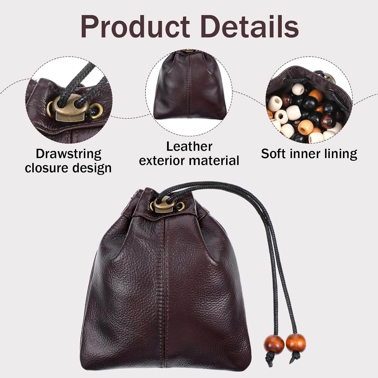 Drawstring Cowhide Bag, Leather Storage Bags Small Waterproof Pouch