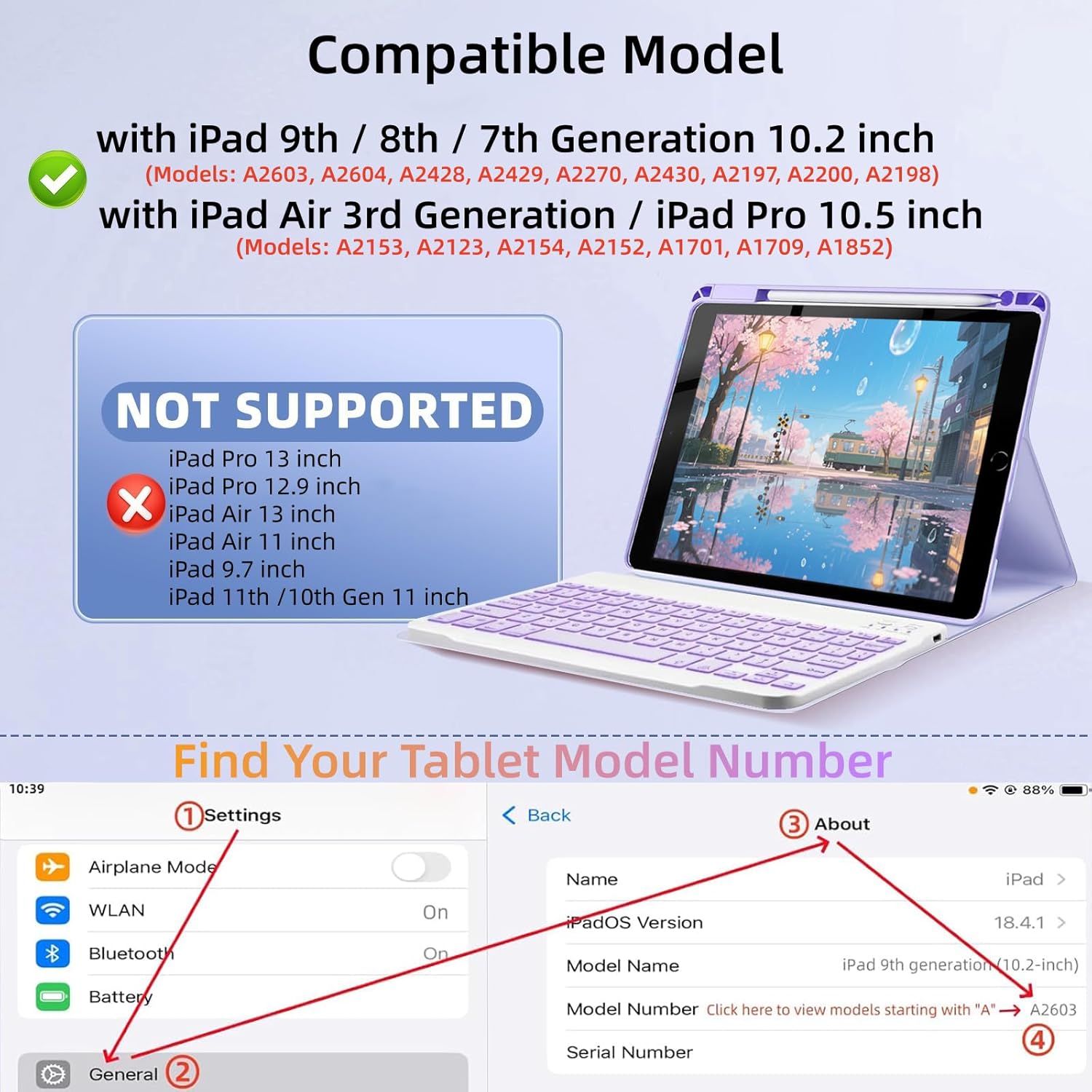 bxomteng keyboard case for ipad 9th / 8th / 7th gen 10.2 inch/air 3rd / pro 10.5 inch - 7 colors backlit keyboard cover with pencil holder and mouse (light purple) ipad 9th/8th/7th /air 3rd /pro 10.5 light purple