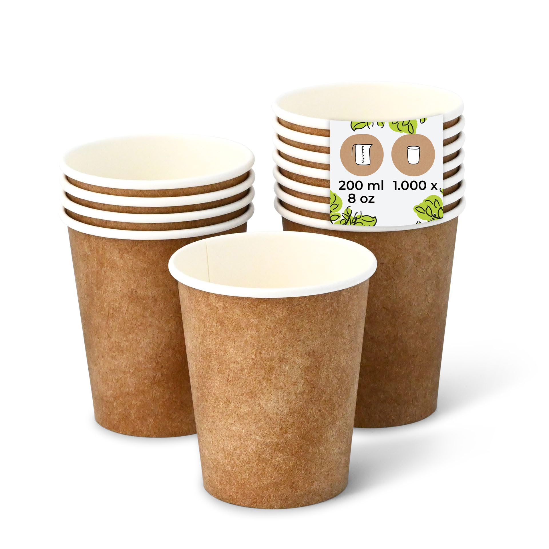 BIOZOYG 1000x vasos desechables 200 ml / 8 oz, Ø 80 mm blanco con estampado marrón - vasos cafe sin plástico y con materiales sostenibles - vasos cafe desechables