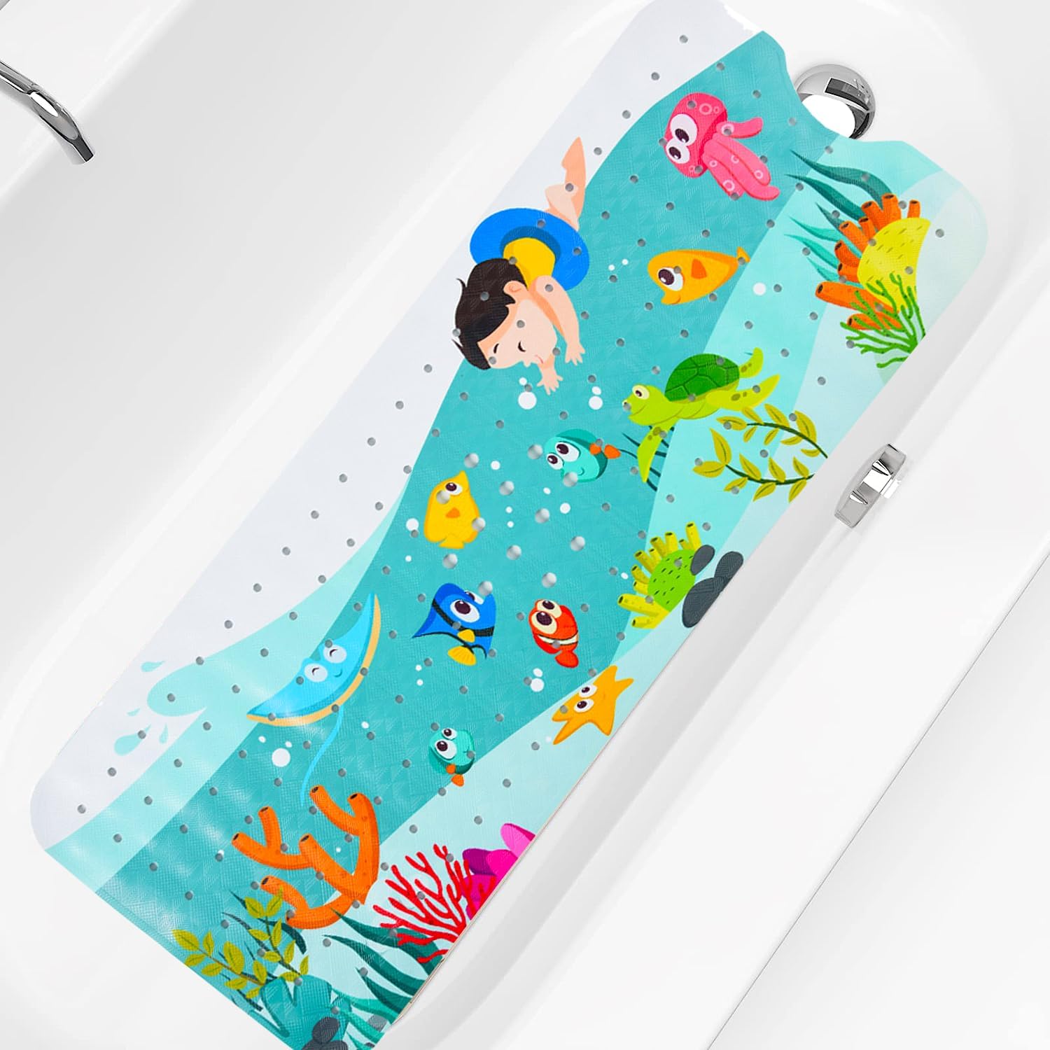 Tubozadi Bath Mat for Tub for Kids Non Slip Baby Bathtub Mat Extra Long 40X16 Inch Anti Slip Bathroom Toddler Shower Mat with Suction Cups & Drain Holes,Machine Washable (Sea World)