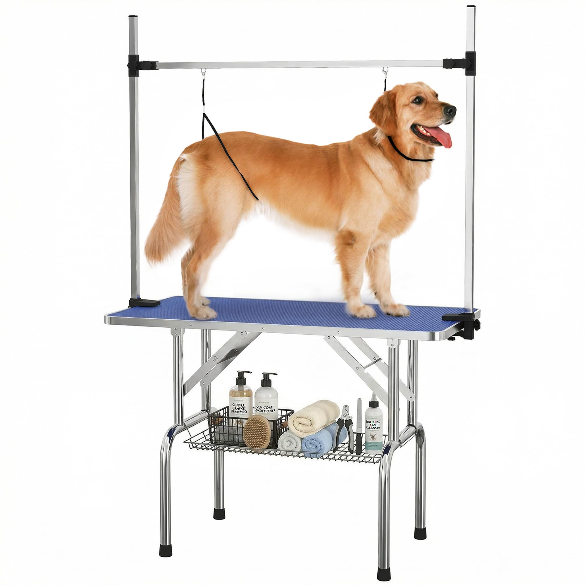 PawHut 42" Dog Grooming Table Adjustable Pet Cat Drying Beauty Table Rubber Top with 2 Loops Storage Basket Metal Blue — image 1
