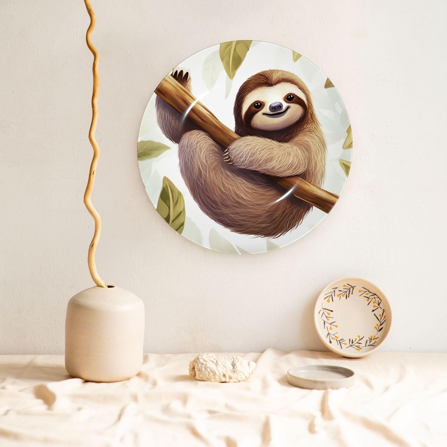 Bone China Decorative Plate with Display Sloth Pictures Ceramic Plates Crafts Art Decor Dessert Plate Ceramic Ornament Porcelain Plates for Living Room Kitchen Table Home Decor