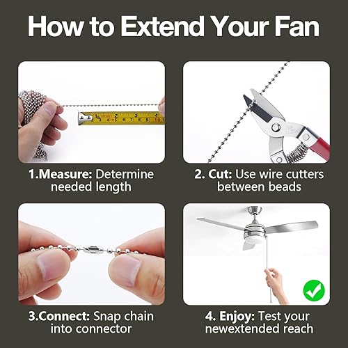 Miniatura 8 de SmoTecQ Extensión de cadena de ventilador de techo de 10 pies (120 pulgadas), plata chapada en níquel, cadena de bolas de cuentas de 0.118 in con 12