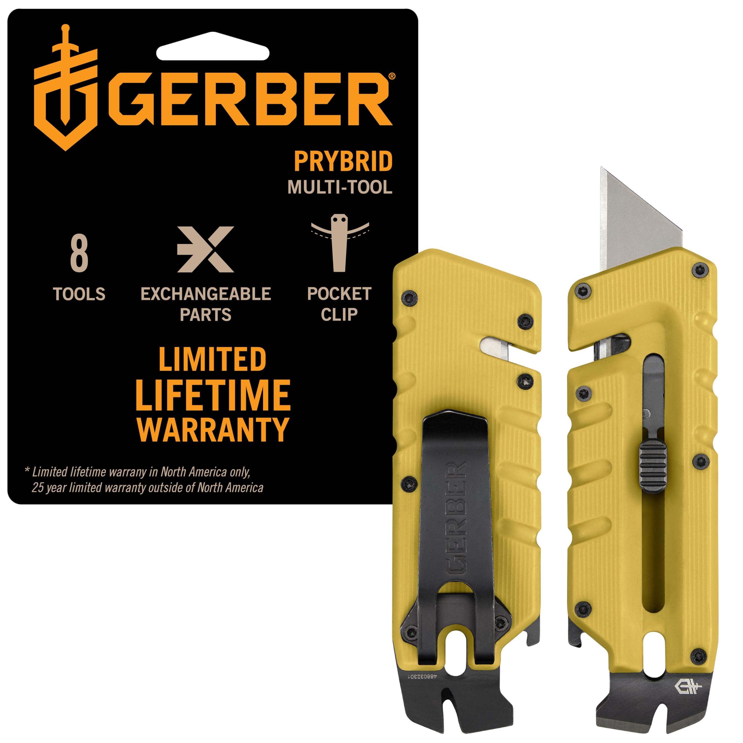 Gerber Prybrid EDC Pocket Knife Multitool 8-in-1 Box Cutter, Mustard