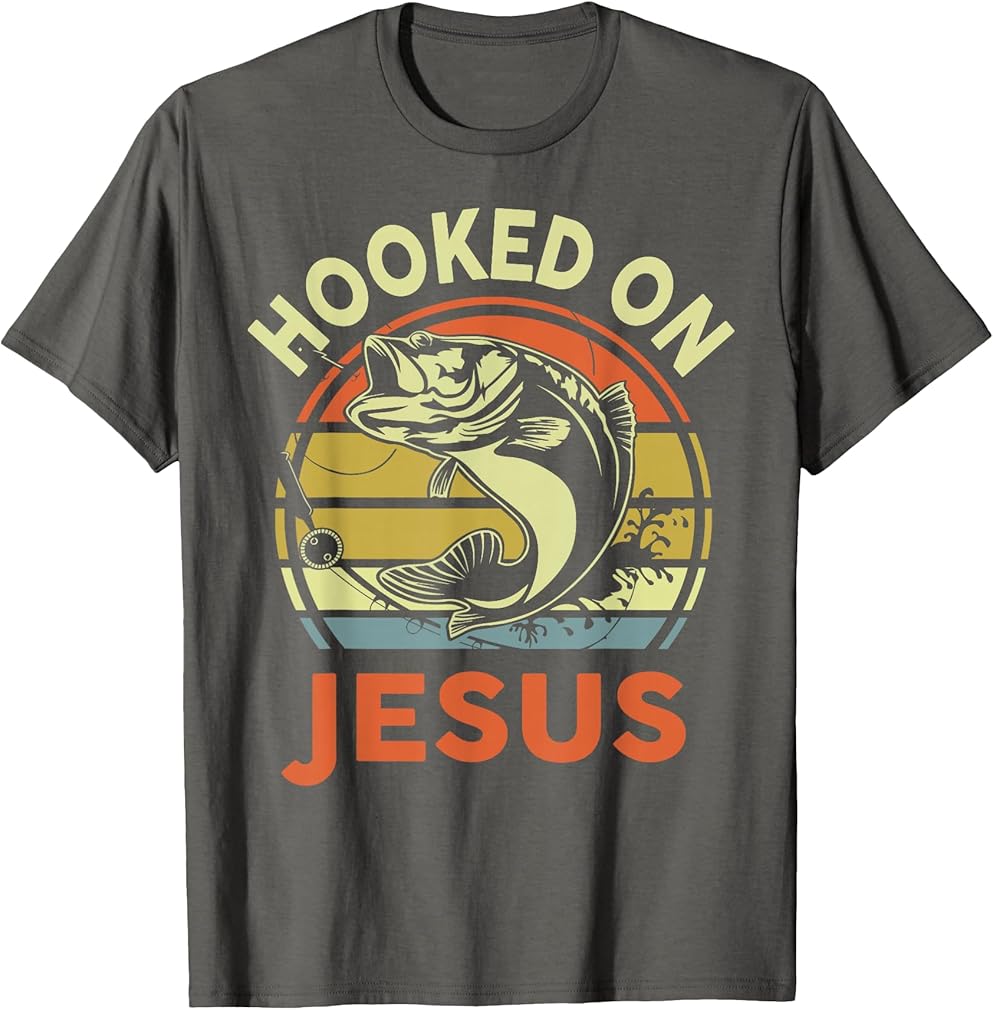Hooked on Jesus Fishing Christian Gift Bass Fish Dad Jokes T-Shirt